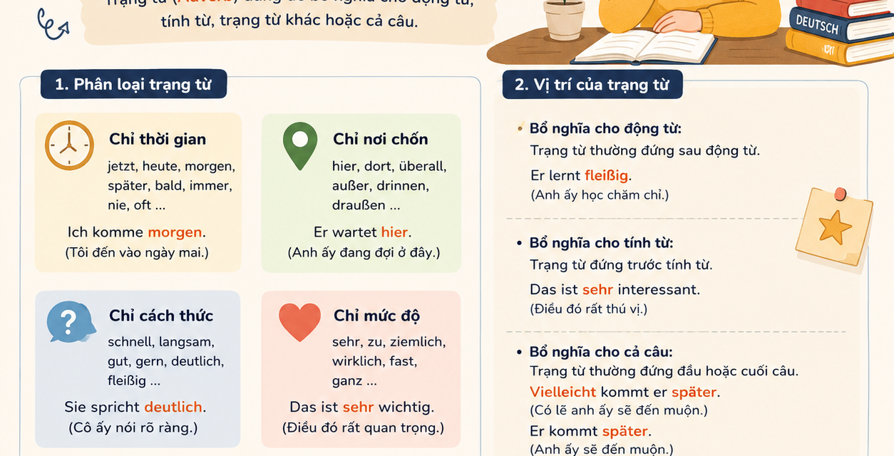 Trạng Từ Trong Tiếng Đức (Adverbien): Phân Loại, Vị Trí & Cách Dùng Chi Tiết A1- B2